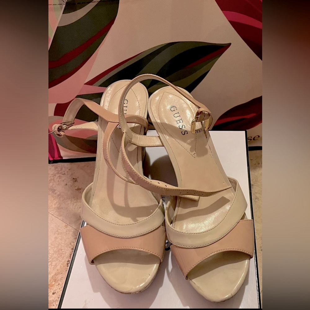 Guess Neutral & Blush- Wedge Sandals with Cork Platform Heels-Worn 1 Day - Picture 3 of 6